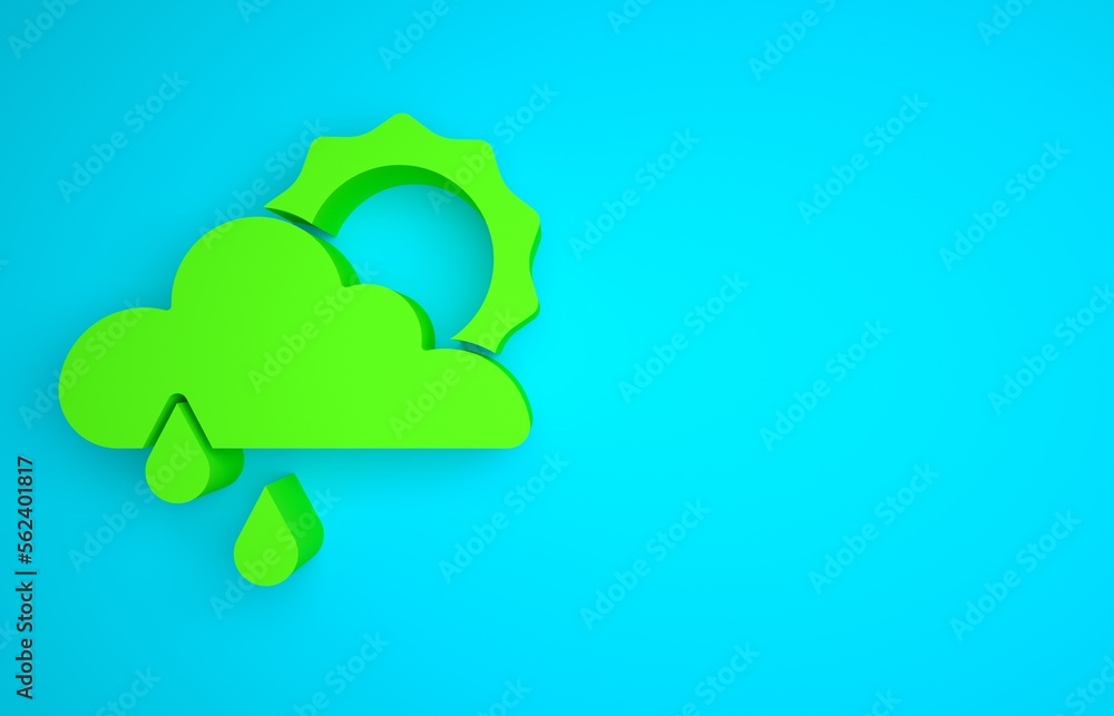 Green Cloud with rain and sun icon isolated on blue background. Rain cloud precipitation with rain d