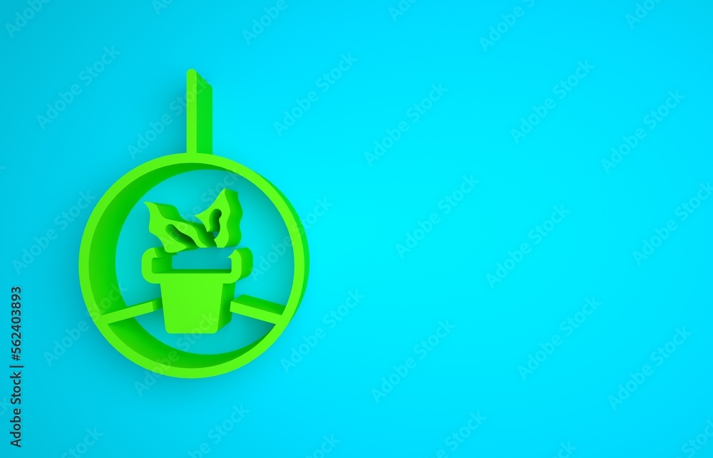 Green Plant in hanging pot icon isolated on blue background. Decorative macrame handmade hangers for