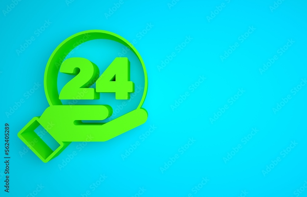 Green Telephone 24 hours support icon isolated on blue background. All-day customer support call-cen