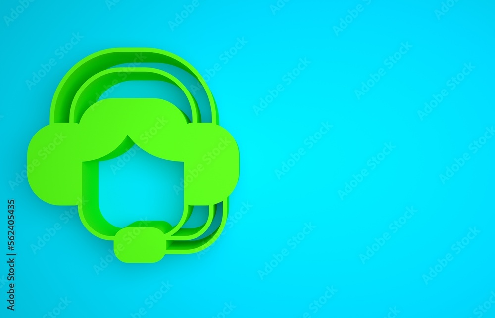 Green Woman with a headset icon isolated on blue background. Support operator in touch. Concept for 