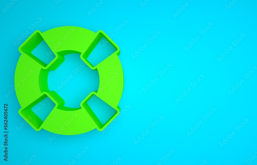 Green Lifebuoy icon isolated on blue background. Lifebelt symbol. Minimalism concept. 3D render illu