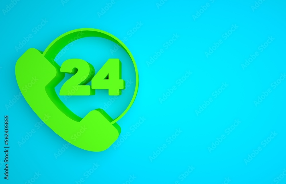 Green Telephone 24 hours support icon isolated on blue background. All-day customer support call-cen