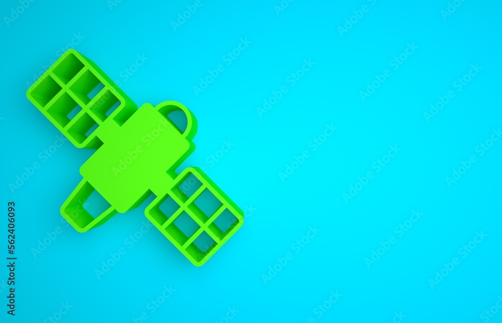 Green Satellite icon isolated on blue background. Minimalism concept. 3D render illustration