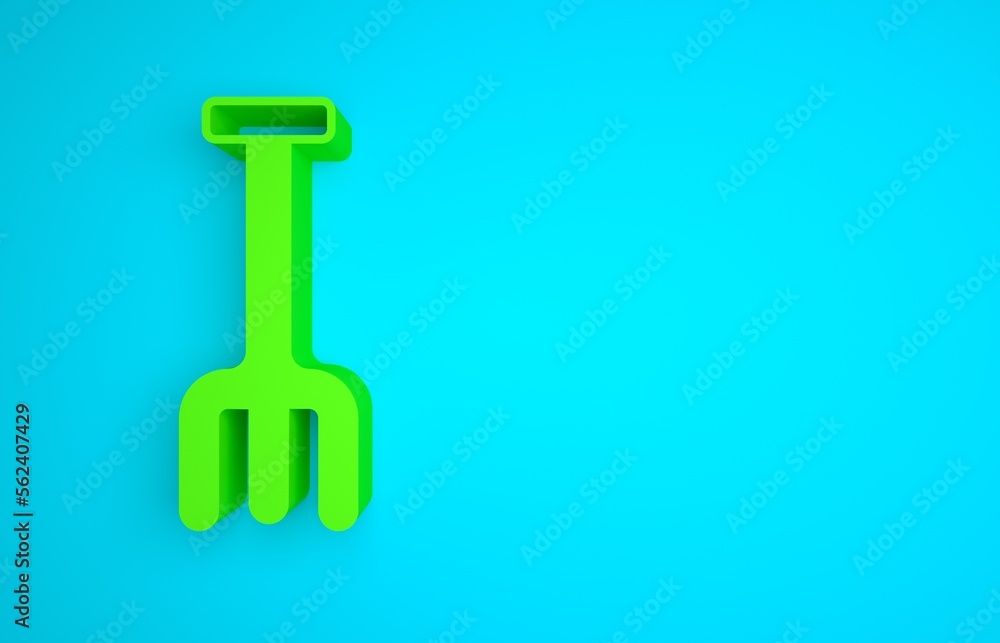 Green Garden rake icon isolated on blue background. Tool for horticulture, agriculture, farming. Gro