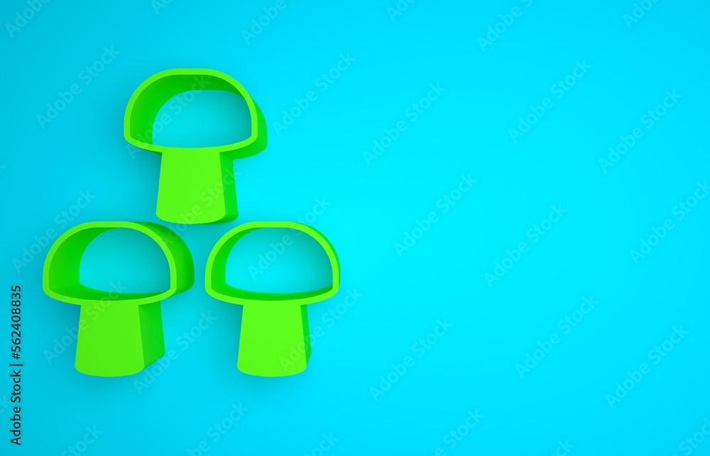 Green Mushroom icon isolated on blue background. Minimalism concept. 3D render illustration