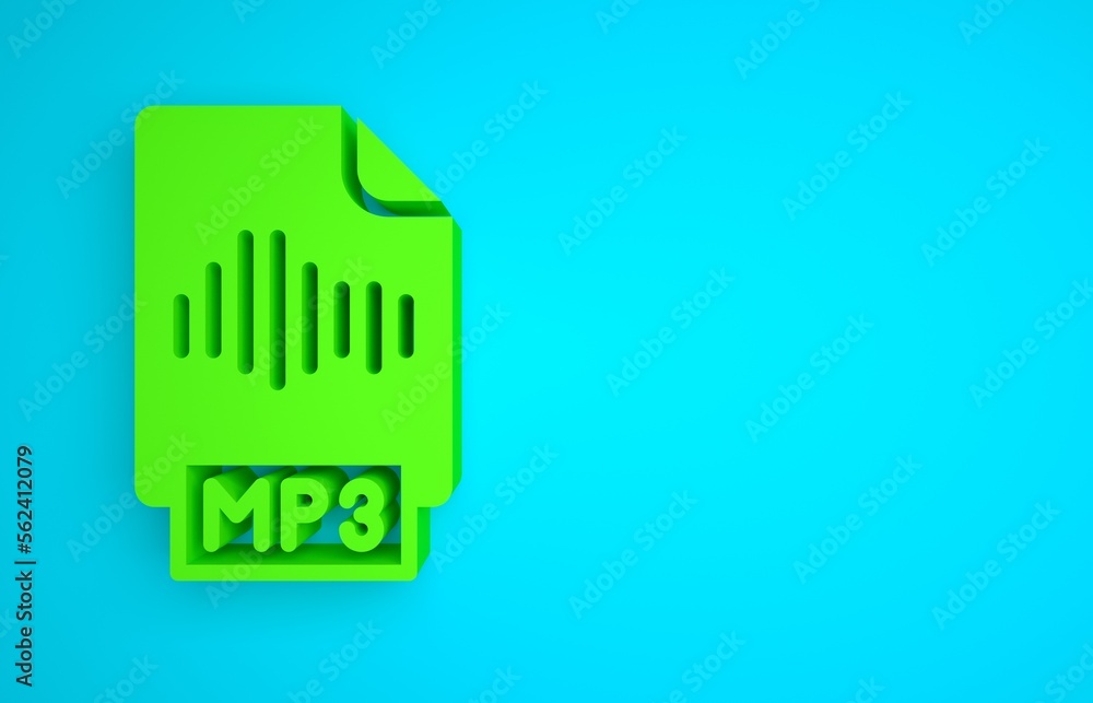 绿色MP3文件文档。下载蓝色背景上隔离的MP3按钮图标。MP3音乐格式标志