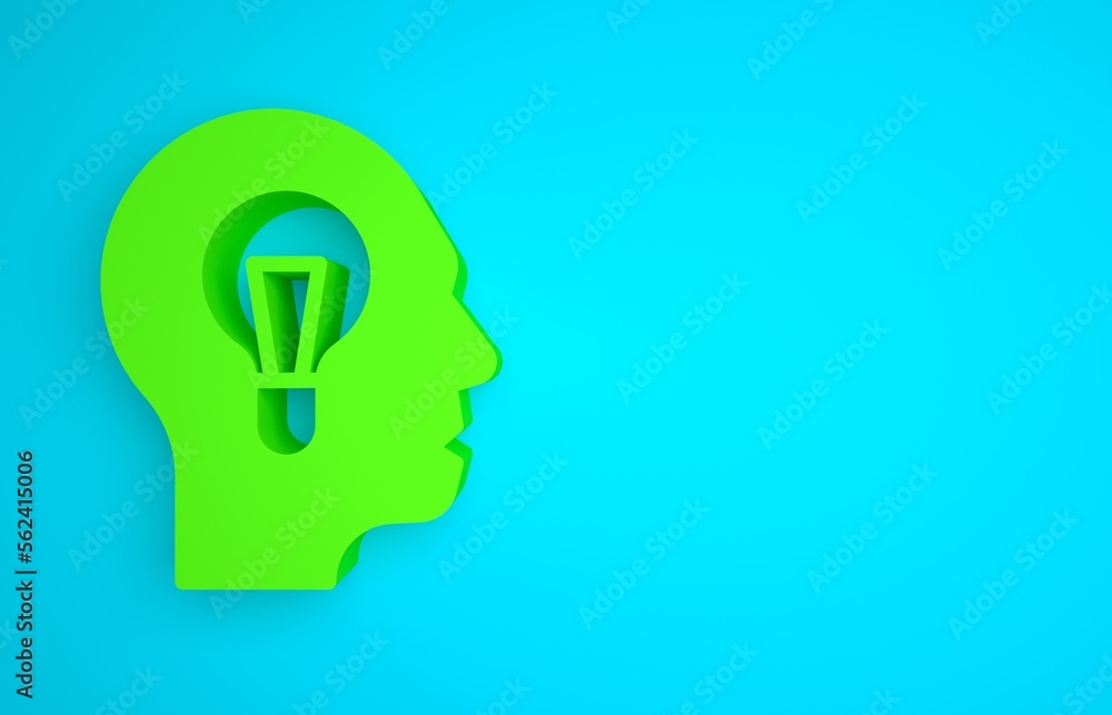 Green Human with lamp bulb icon isolated on blue background. Concept of idea. Minimalism concept. 3D