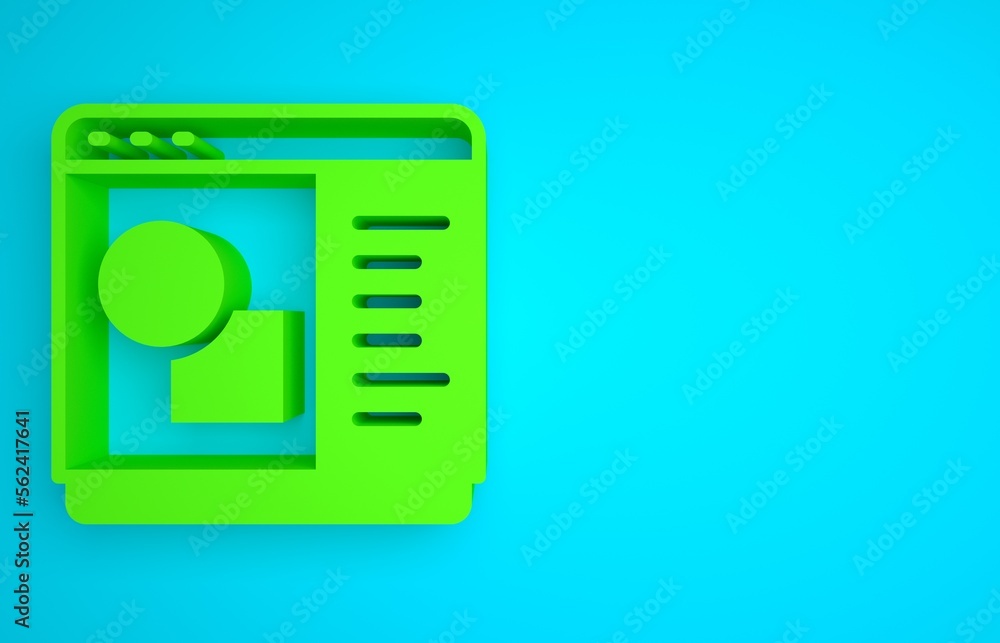 Green 3D printer software icon isolated on blue background. 3d printing. Minimalism concept. 3D rend