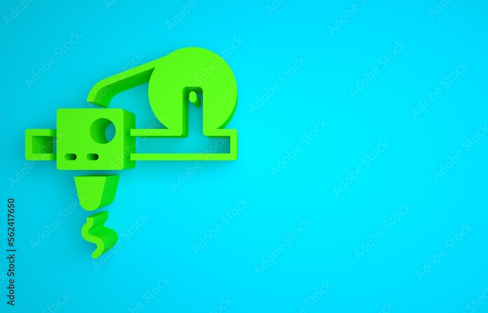 Green 3D printer icon isolated on blue background. 3d printing. Minimalism concept. 3D render illust