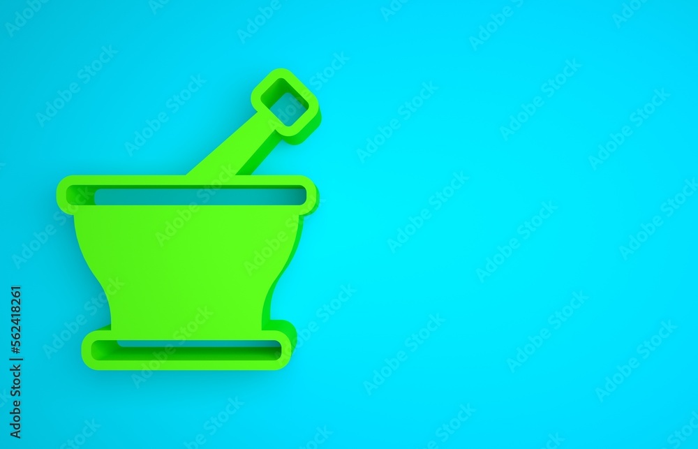 Green Mortar and pestle icon isolated on blue background. Minimalism concept. 3D render illustration