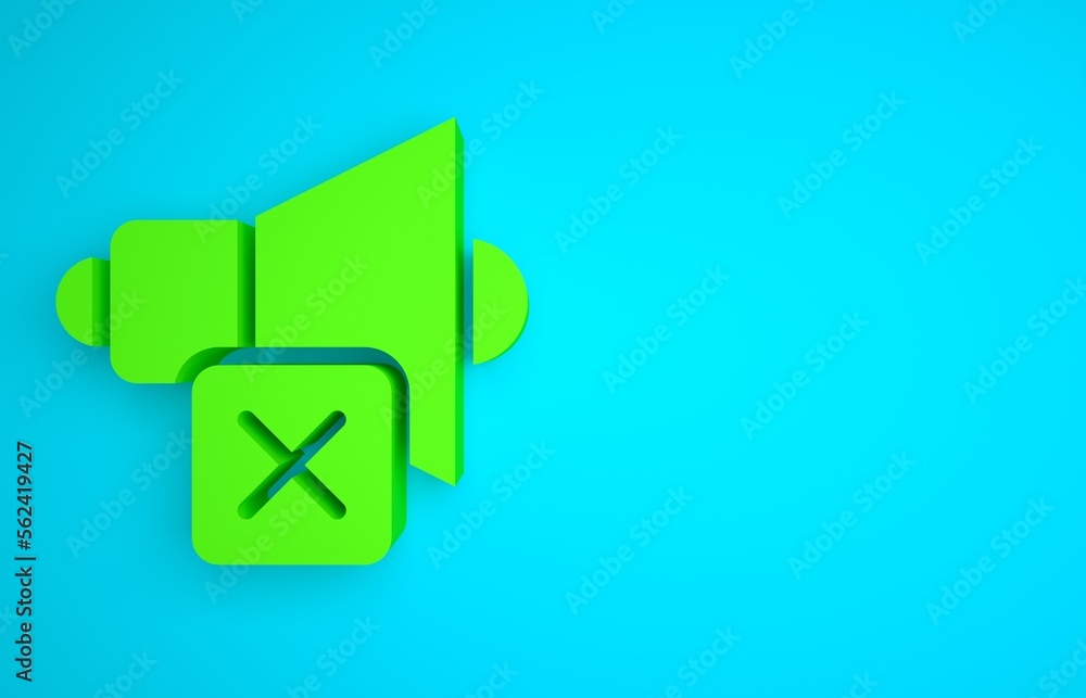 Green Speaker mute icon isolated on blue background. No sound icon. Volume Off symbol. Minimalism co