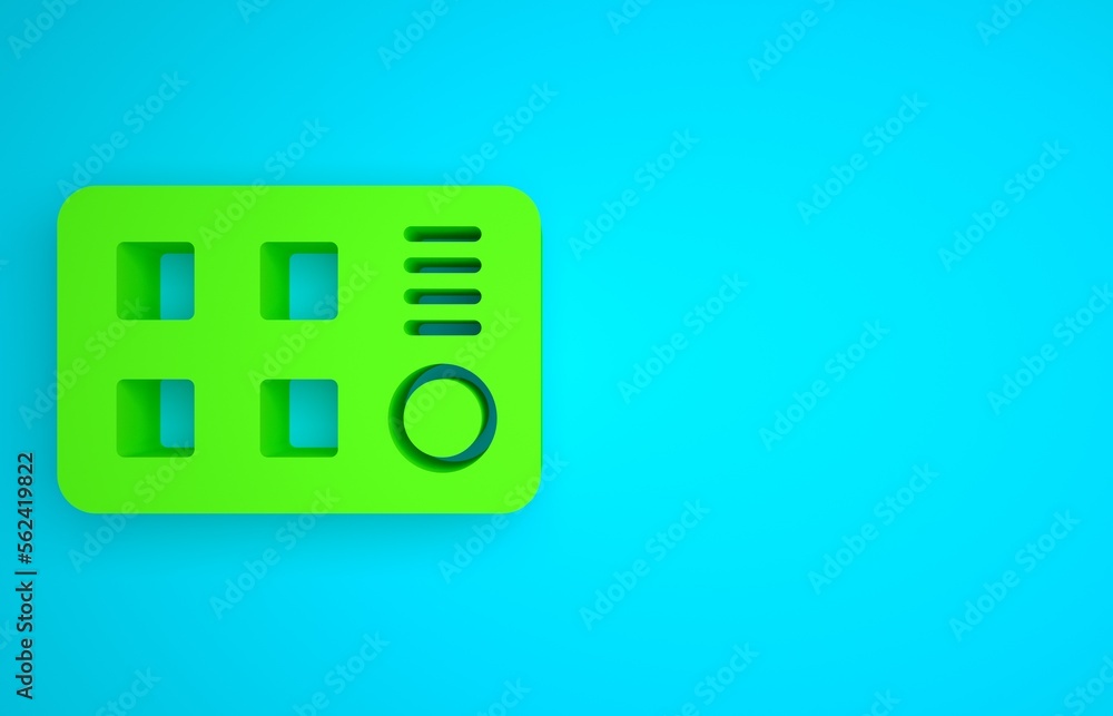 Green Drum machine icon isolated on blue background. Musical equipment. Minimalism concept. 3D rende