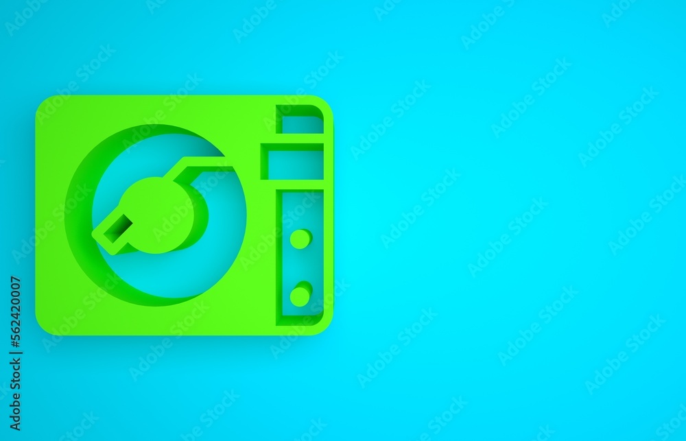 Green Vinyl player with a vinyl disk icon isolated on blue background. Minimalism concept. 3D render