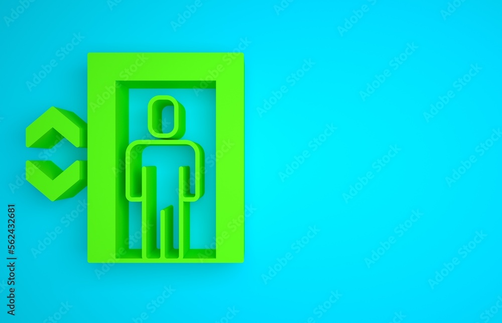 Green Lift icon isolated on blue background. Elevator symbol. Minimalism concept. 3D render illustra