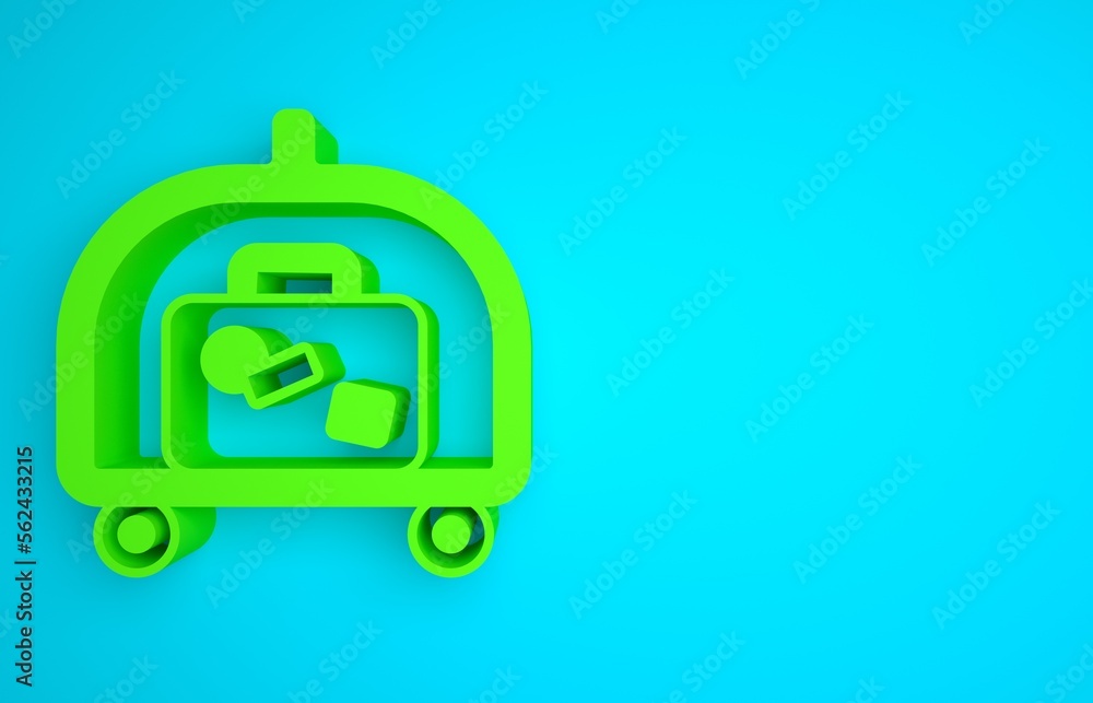 Green Hotel luggage cart with suitcase icon isolated on blue background. Traveling baggage sign. Tra