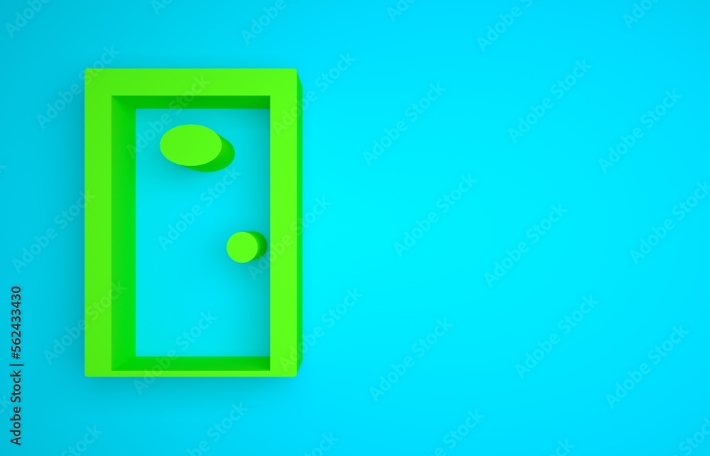 Green Hotel corridor with closed numbered door icon isolated on blue background. Minimalism concept.