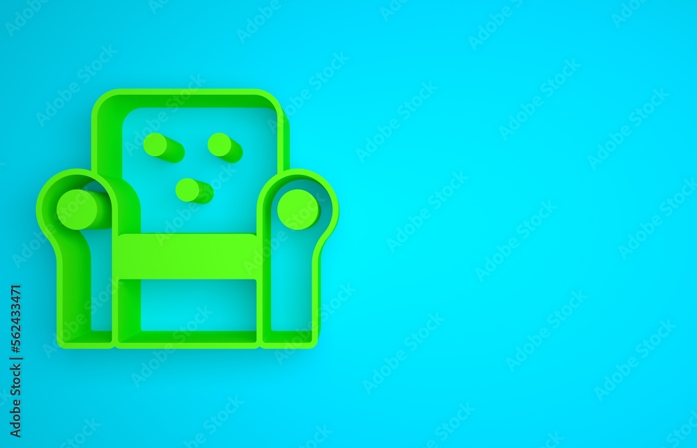 Green Armchair icon isolated on blue background. Minimalism concept. 3D render illustration