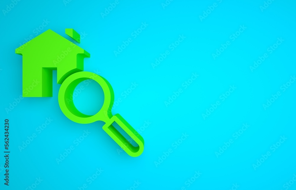 Green Search house icon isolated on blue background. Real estate symbol of a house under magnifying 