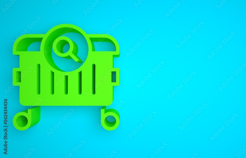 Green Searching for food in trash can on streets outdoors icon isolated on blue background. Homeless