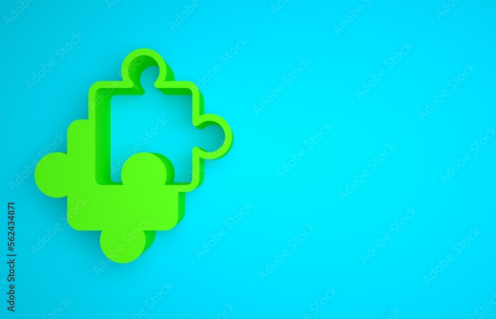 Green Puzzle pieces toy icon isolated on blue background. Minimalism concept. 3D render illustration