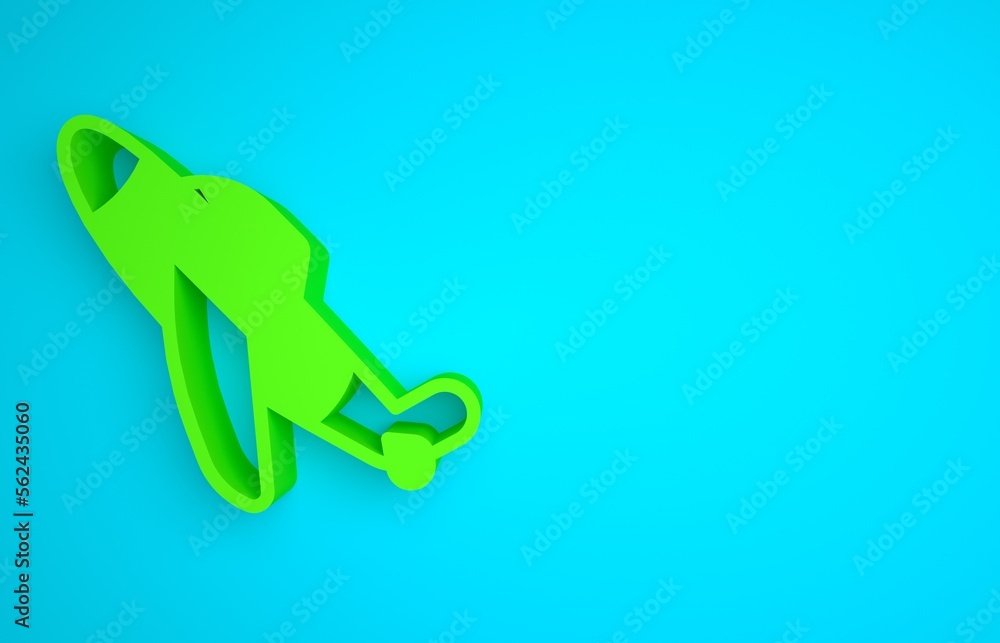 Green Toy plane icon isolated on blue background. Flying airplane icon. Airliner sign. Minimalism co