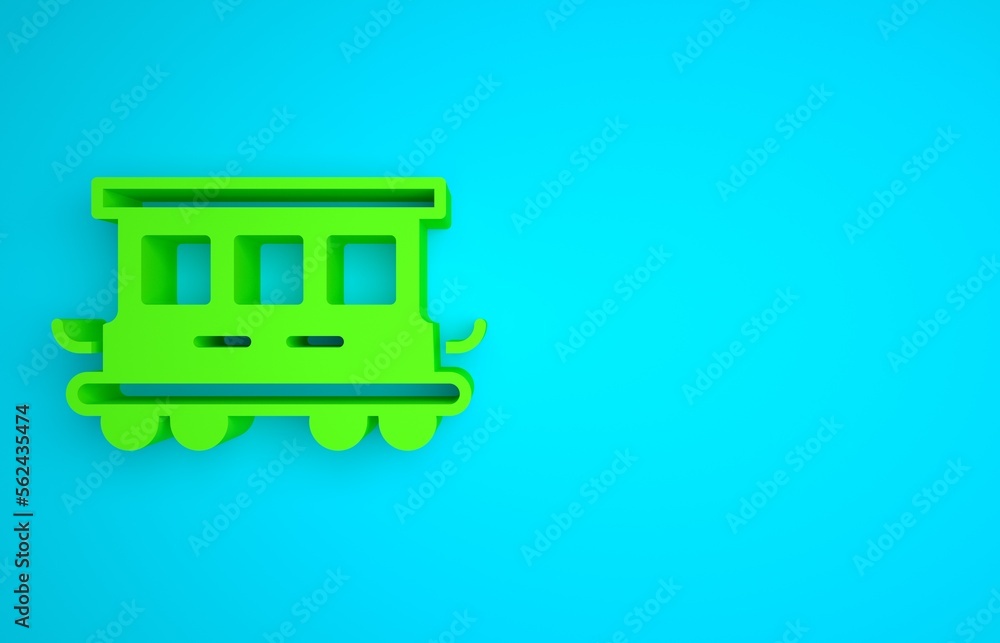 Green Passenger train cars toy icon isolated on blue background. Railway carriage. Minimalism concep