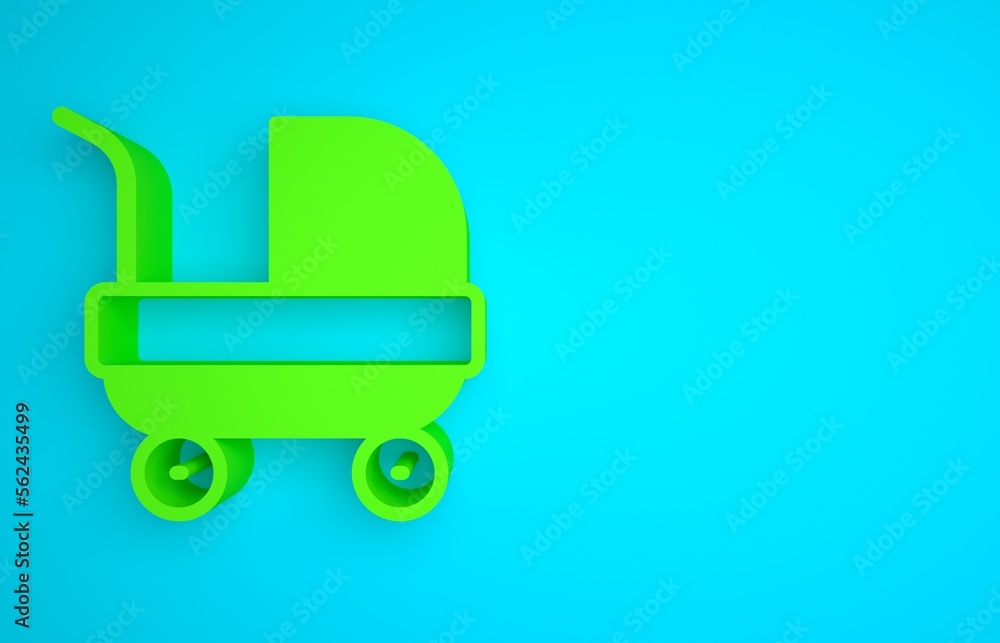 Green Baby stroller icon isolated on blue background. Baby carriage, buggy, pram, stroller, wheel. M