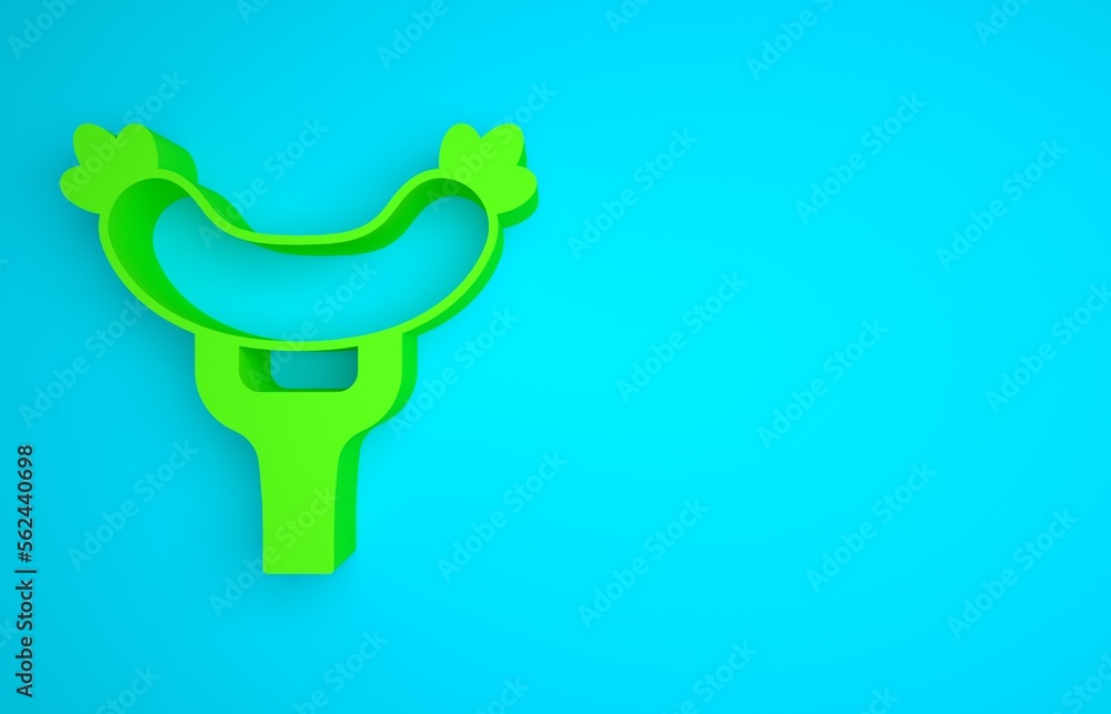 Green Sausage on the fork icon isolated on blue background. Grilled sausage and aroma sign. Minimali