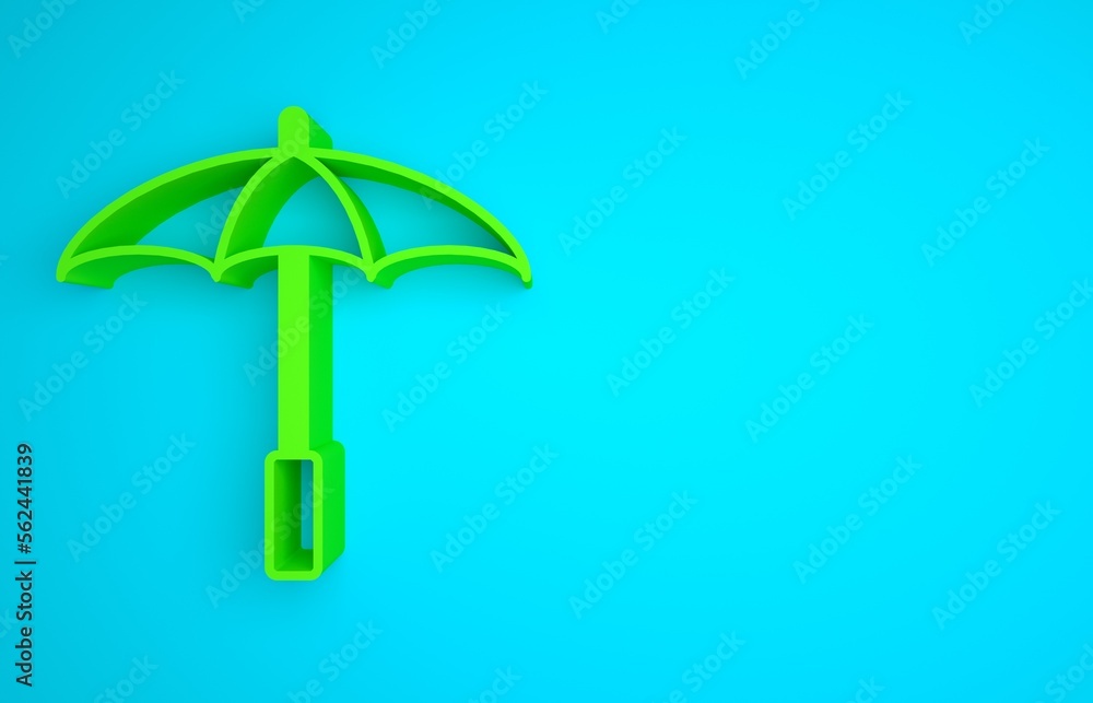 Green Sun protective umbrella for beach icon isolated on blue background. Large parasol for outdoor 