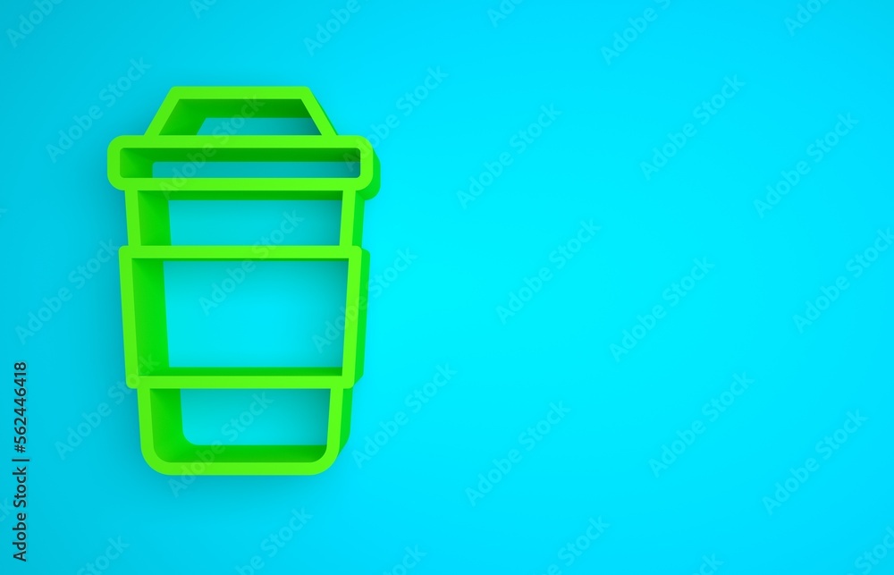 Green Cup of tea icon isolated on blue background. Minimalism concept. 3D render illustration