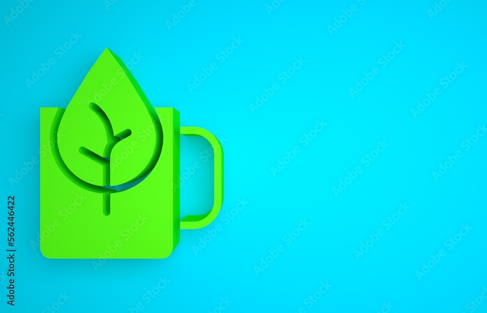 Green Cup of tea with leaf icon isolated on blue background. Sweet natural food. Minimalism concept.