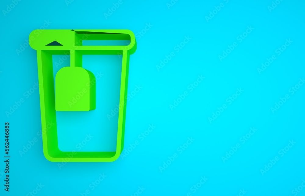 Green Cup with tea bag icon isolated on blue background. Minimalism concept. 3D render illustration