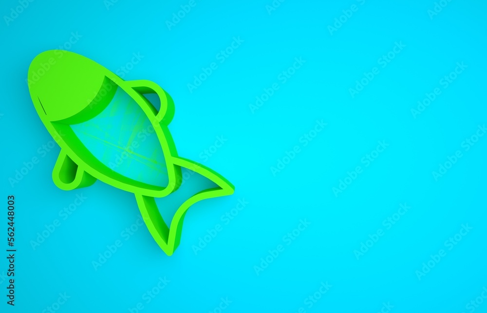 Green Fish icon isolated on blue background. Minimalism concept. 3D render illustration