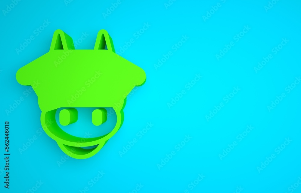 Green Cow head icon isolated on blue background. Minimalism concept. 3D render illustration