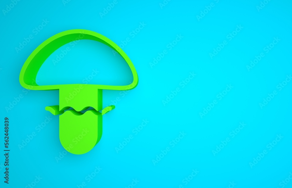 Green Mushroom icon isolated on blue background. Minimalism concept. 3D render illustration