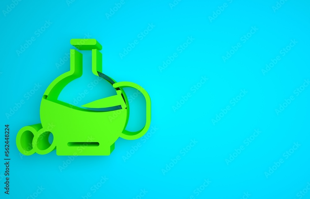 Green Bottle of olive oil icon isolated on blue background. Jug with olive oil icon. Minimalism conc