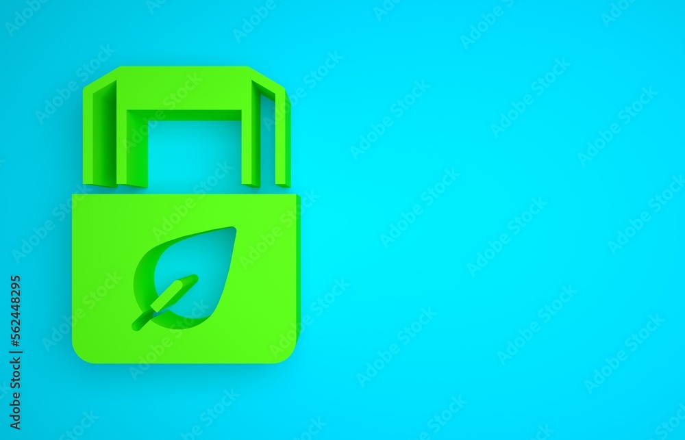 Green Paper shopping bag with recycle icon isolated on blue background. Bag with recycling symbol. M