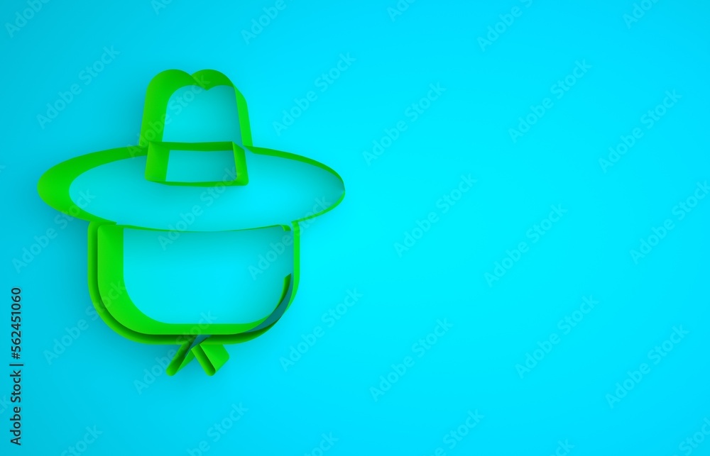 Green Camping hat icon isolated on blue background. Beach hat panama. Explorer travelers hat for hun