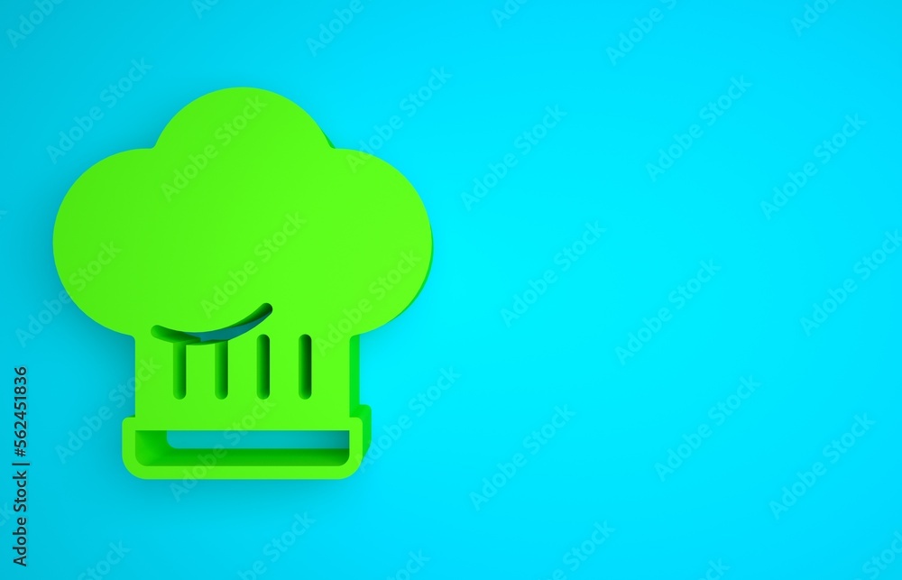 Green Chef hat icon isolated on blue background. Cooking symbol. Cooks hat. Minimalism concept. 3D r