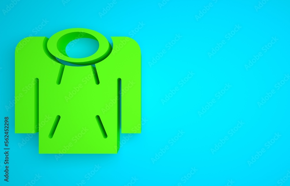 Green Hoodie icon isolated on blue background. Hooded sweatshirt. Minimalism concept. 3D render illu