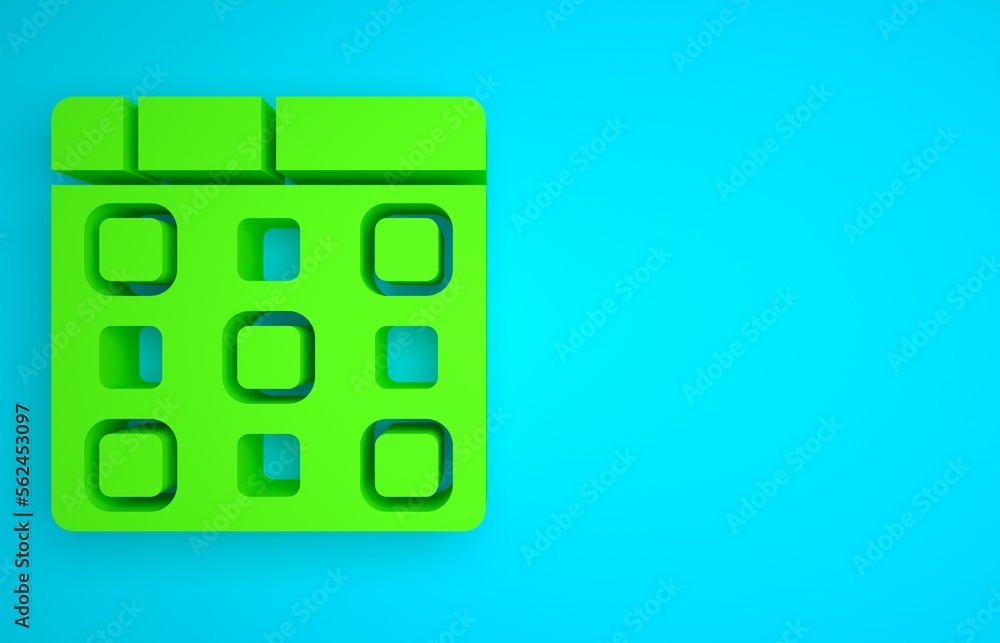 Green Drum machine music producer equipment icon isolated on blue background. Minimalism concept. 3D