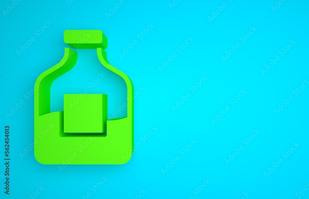 Green Glass bottle of vodka icon isolated on blue background. Minimalism concept. 3D render illustra