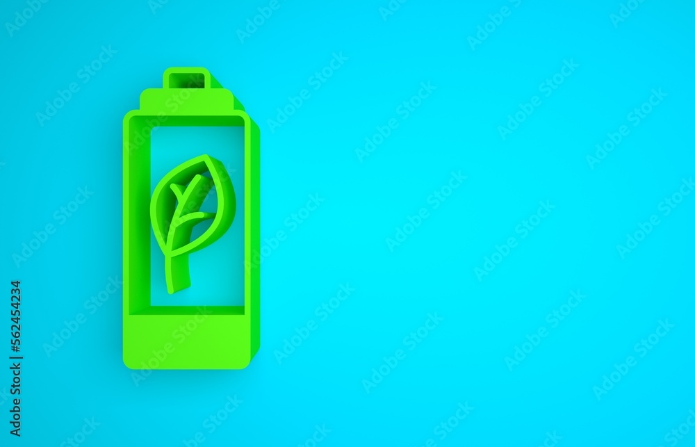 Green Eco nature leaf and battery icon isolated on blue background. Energy based on ecology saving c