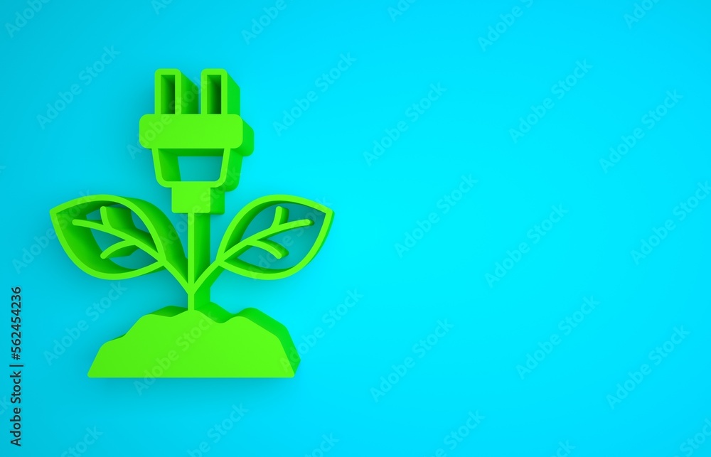 Green Electric saving plug in leaf icon isolated on blue background. Save energy electricity. Enviro