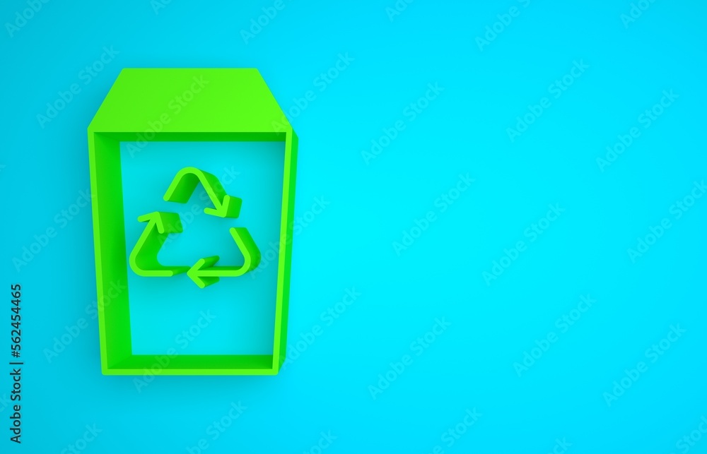 Green Recycle bin with recycle symbol icon isolated on blue background. Trash can icon. Garbage bin 