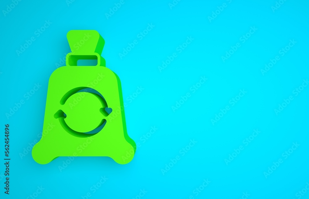 Green Garbage bag with recycle symbol icon isolated on blue background. Trash can icon. Recycle bask