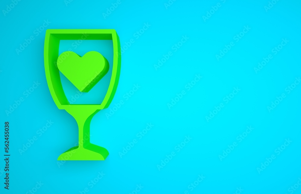 Green Glass of champagne icon isolated on blue background. Happy Valentines day. Minimalism concept.