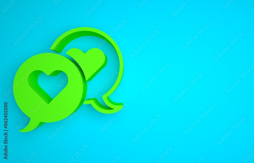 Green Heart in speech bubble icon isolated on blue background. Happy Valentines day. Minimalism conc