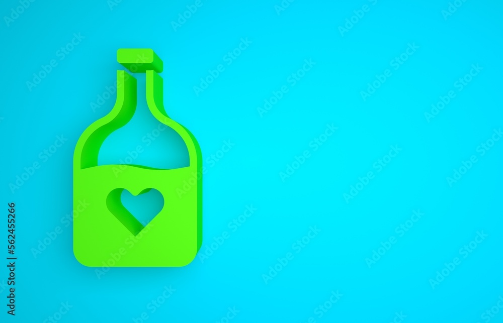 Green Bottle with love potion icon isolated on blue background. Happy Valentines day. Minimalism con