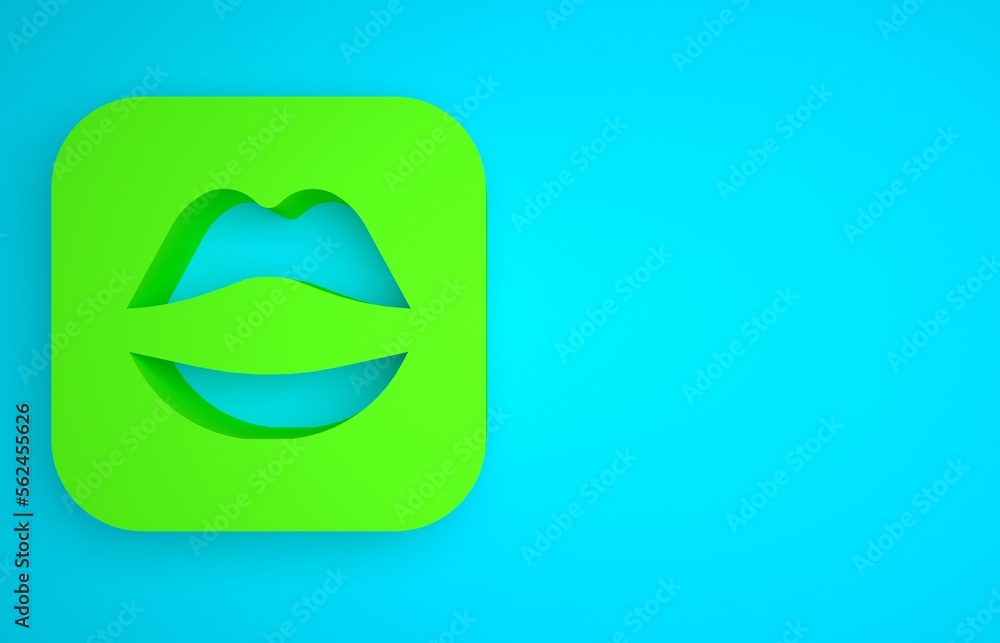 Green Smiling lips icon isolated on blue background. Smile symbol. Minimalism concept. 3D render ill